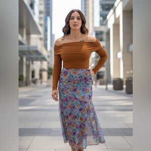 Forever 21 Off the Shoulder Long Sleeved Dark Orange Mustard Stretchy Top Small